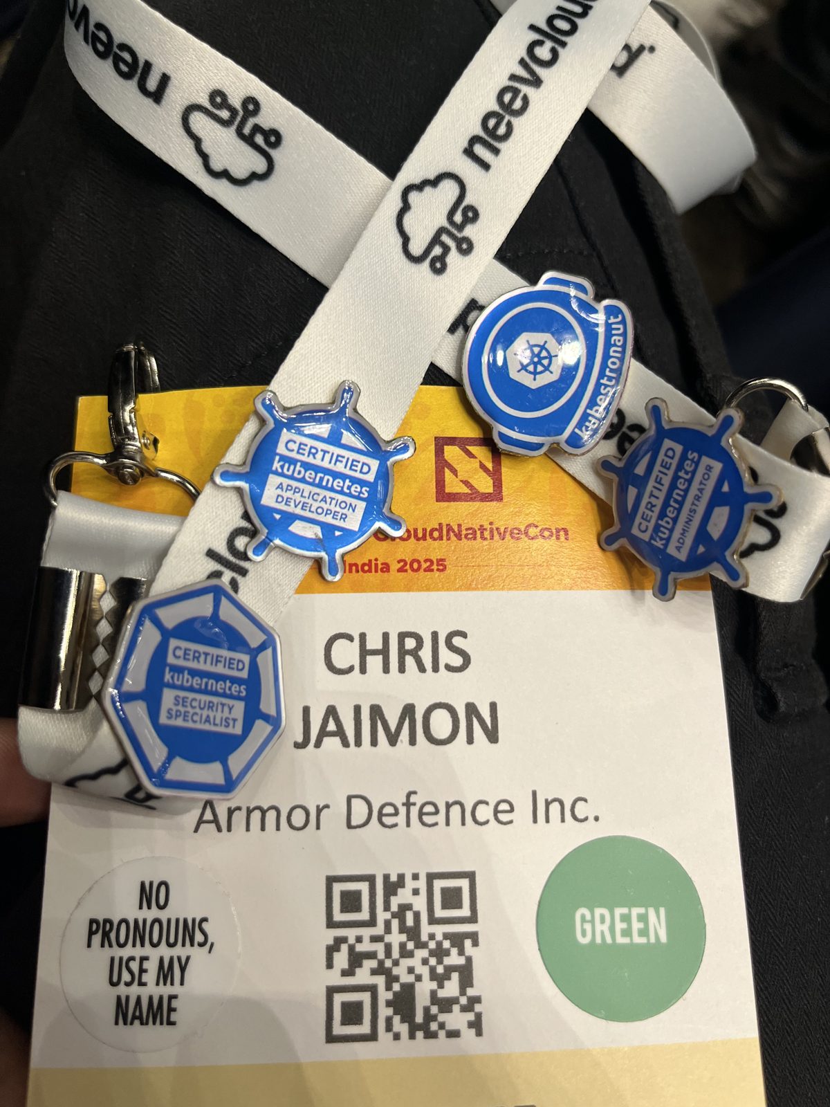 KubeCon + CloudNativeCon India 2025 badge with CKA, CKAD, CKS and Kubestronaut pins