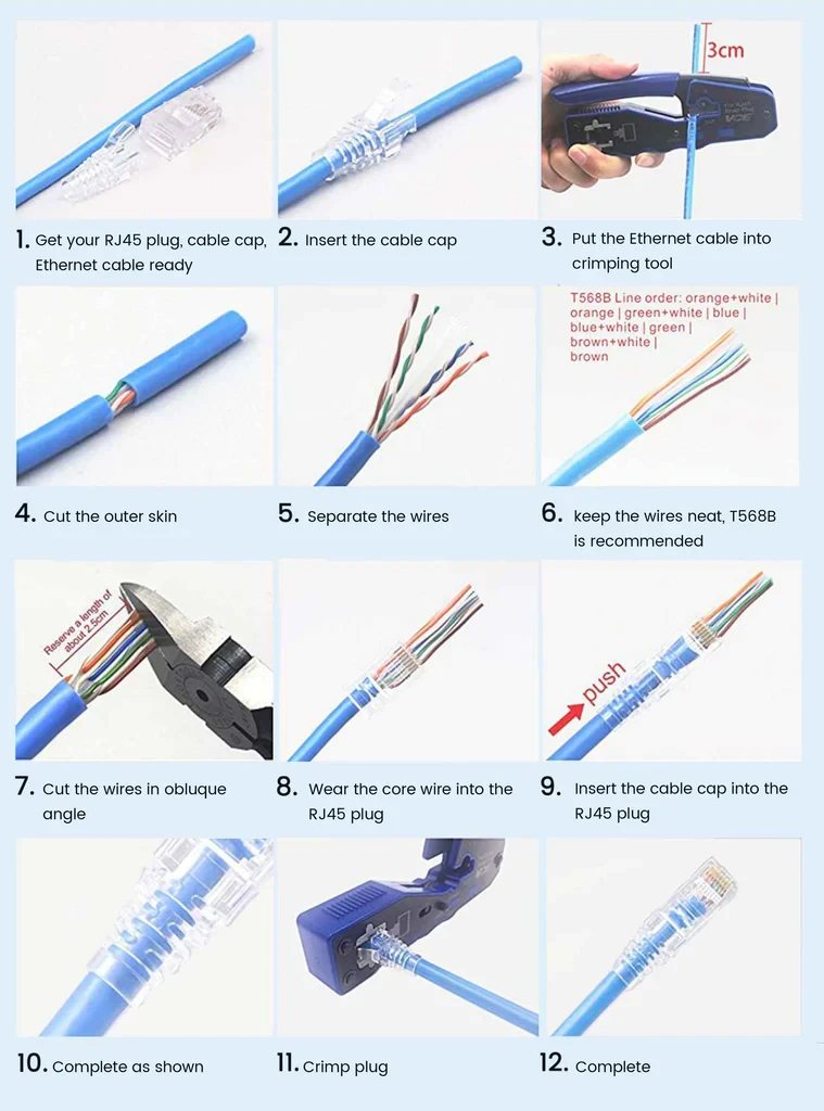 Twelve-step visual guide to crimping an RJ45 plug onto an Ethernet cable