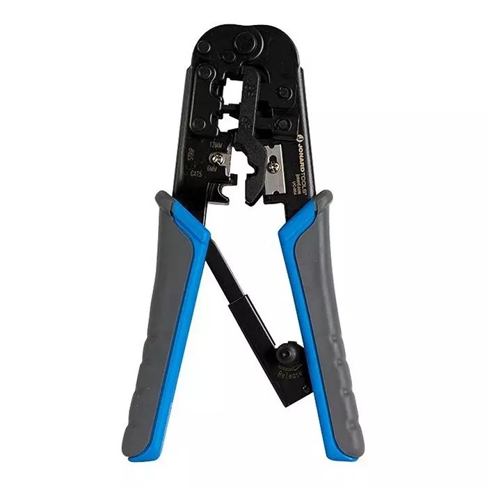 RJ45 crimping tool with stripper and cutter blades
