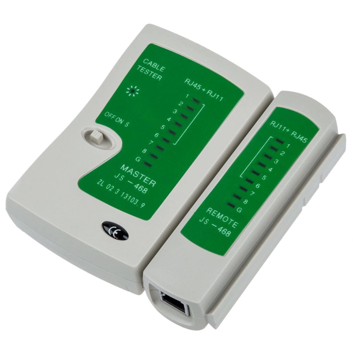RJ45 and RJ11 LAN cable tester with master and detachable remote units